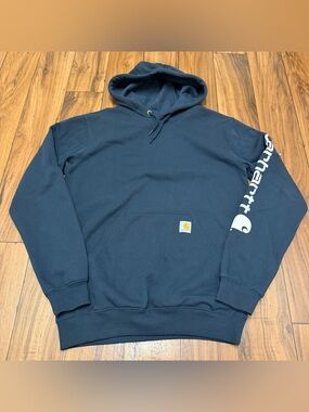 Carhartt Navy Blue Pullover Hoodie Loose Fit Sleeve Logo Mens Small